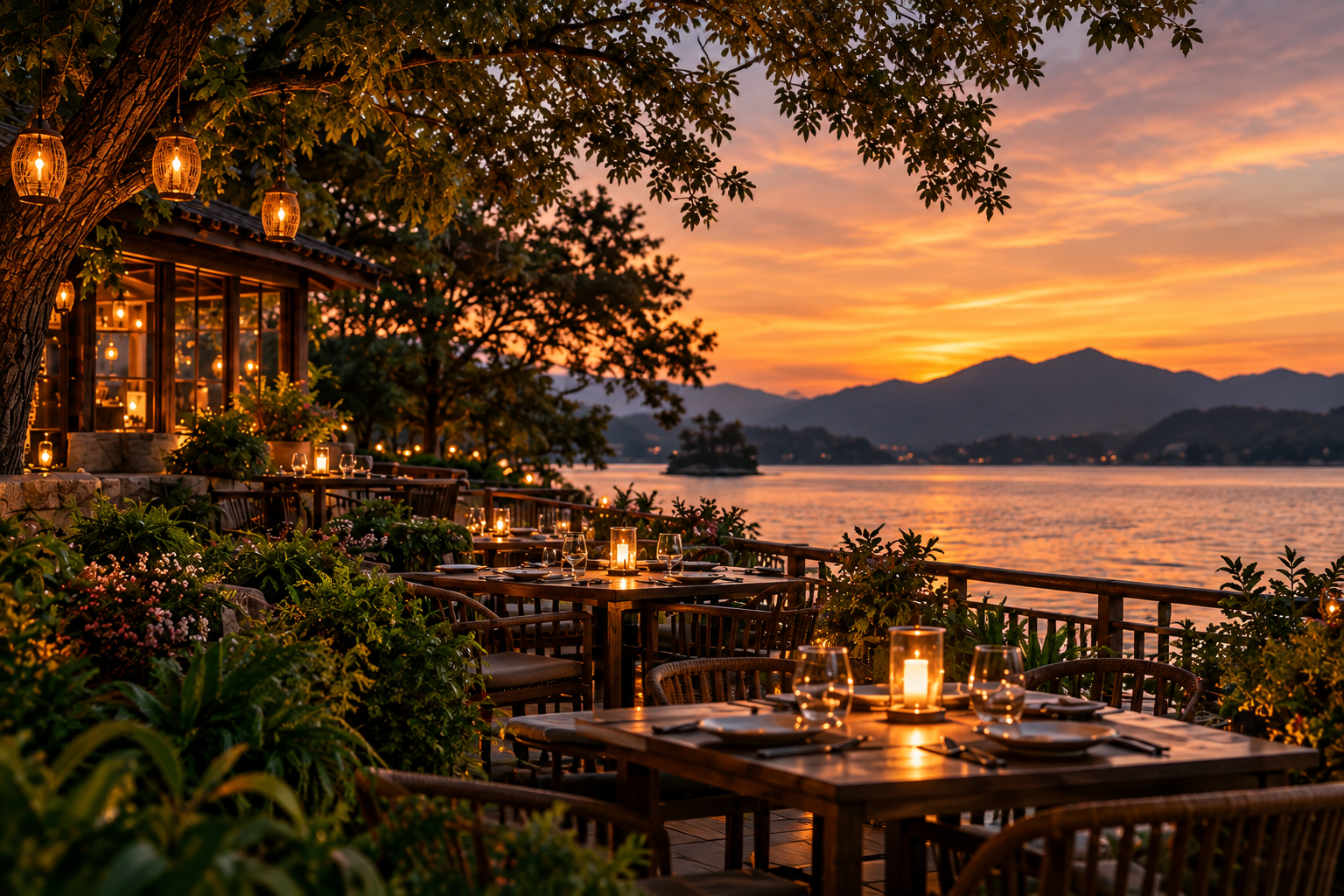 Mesas de um restaurante junto ao lago ao entardecer